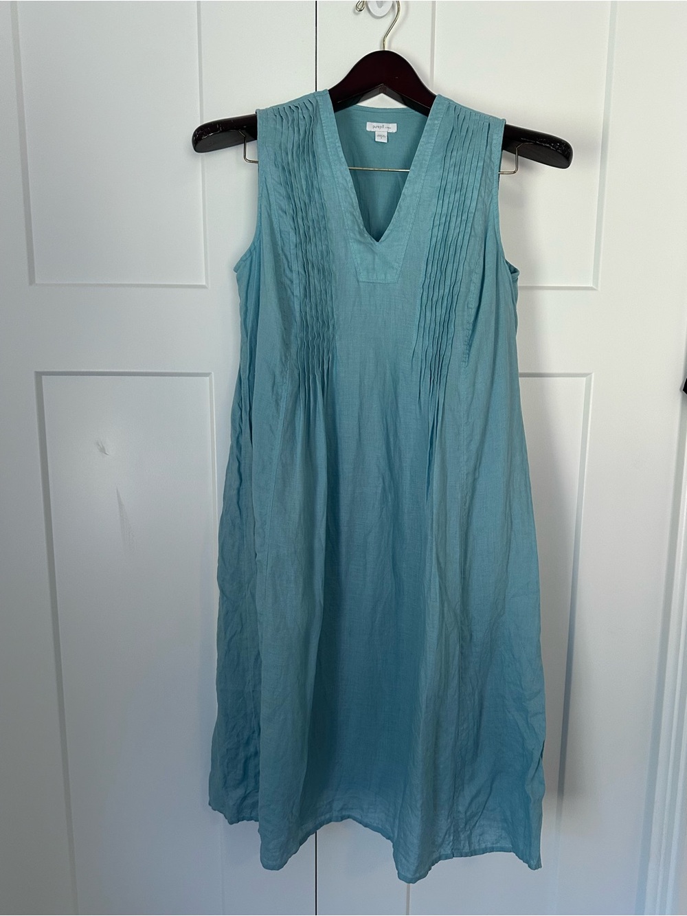 Pure Jill Sleeveless V-Neck Pulled-Pleat Linen Dress in Seafoam